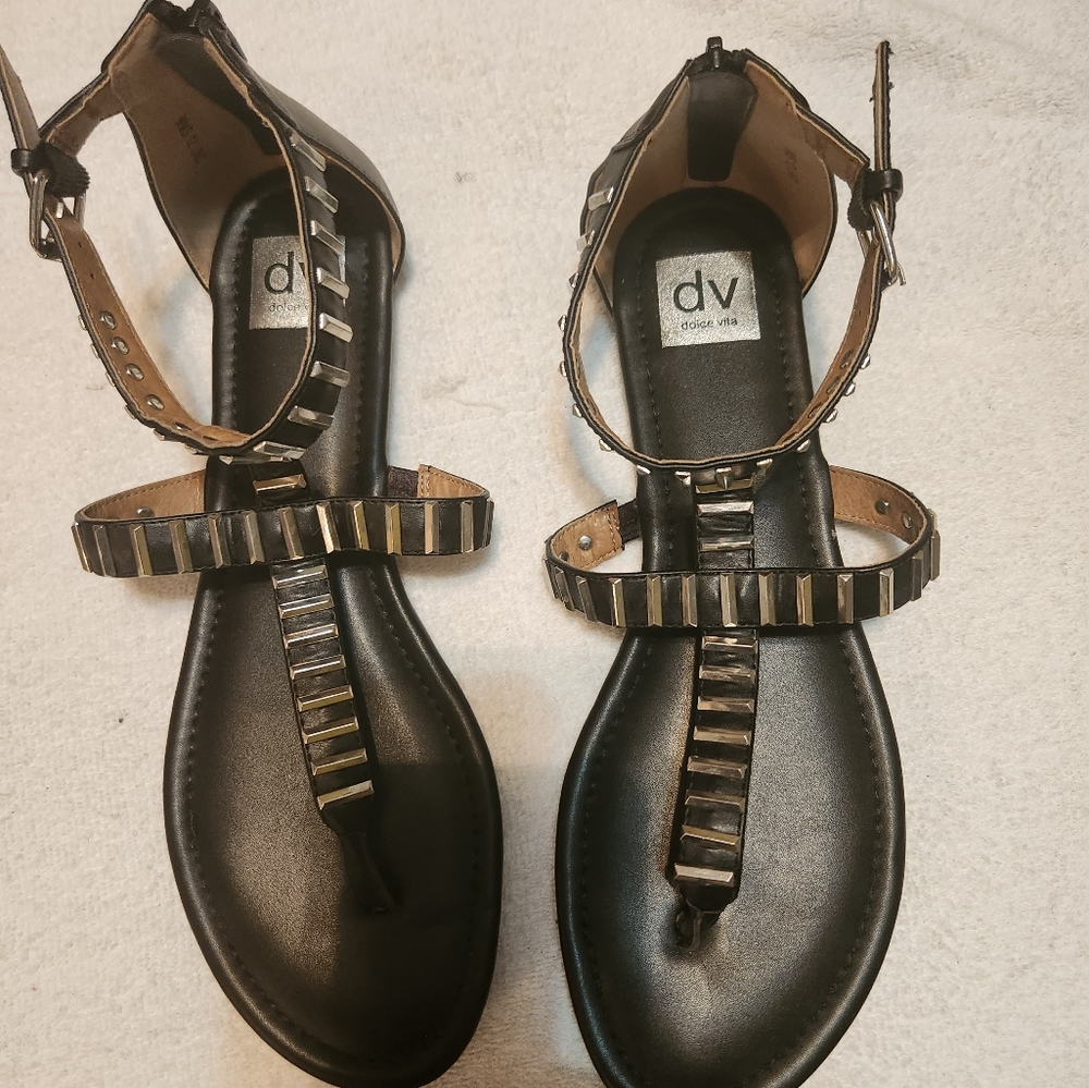 Size 12 black leather studded flat sandal.